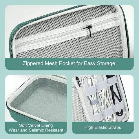 Zippered mesh pocket and elastic straps inside Sick EVA Electronics Storage Case Large Shockproof Waterproof Accessory Tote.