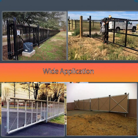Heavy Duty Nylon Sliding Gate Rollers With 7 Inch Smooth Ride Wheels Designed For 4 Inch Square Posts And 2 Inch Cantilever Chain Link Fence Frames in various installed settings.