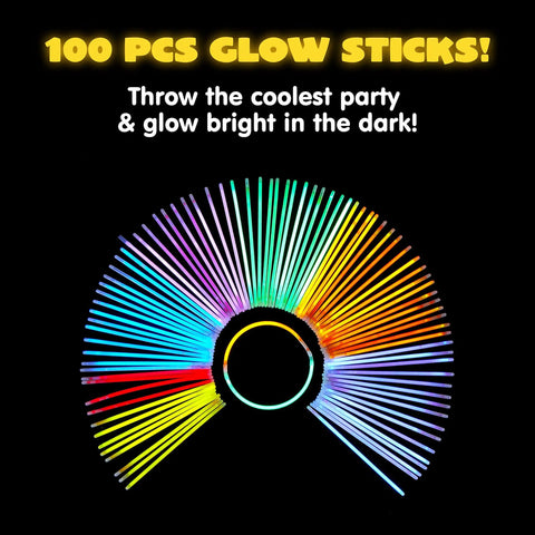 100 Piece Bulk Glow Stick Party Stack Featuring 8 Inch Neon Light Up Necklaces arranged in a colorful display against a black background.