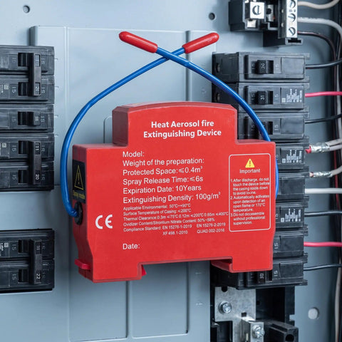 Hella Dependable Auto Aerosol Fire Extinguisher Setup For Underhood Engine Bay Defense With Rapid Thermal Trigger Auto Discharge, mounted in a circuit box.