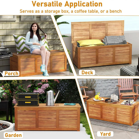 Acacia Wood Deck Box Bench 47 Gallon Outdoor Storage Chest With Seating shown on porch, deck, garden, and yard applications