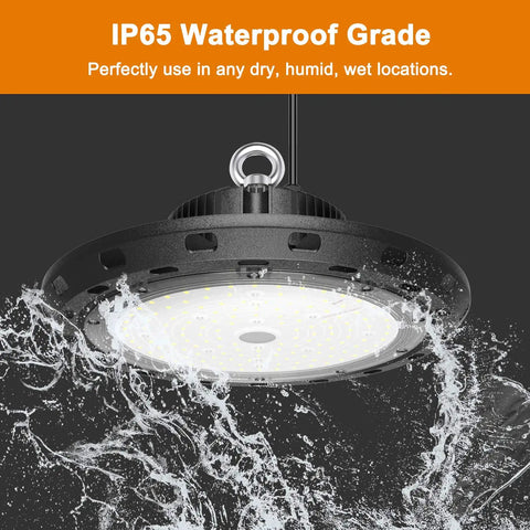 UFO LED High Bay Light 150W Hella Bright 21000 Lumens 5000K Daylight showing IP65 waterproof feature with water splashes