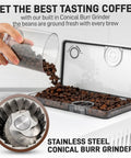 No Hassle Super Automatic Espresso Maker With Built In Grinder And Creamy Milk Frother, 19 Killer Drink Options Like Lattes And Cappuccinos, Self Cleaning Top Shelf Coffee Machine For Chill Mornings with conical burr grinder and coffee beans.