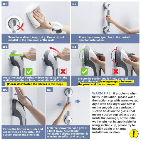 Installation guide for Smooth Operator Suction Shower Grab Bars For Bathtub Safety 2 Pack Strong Grip Handles No Drill Quick Install