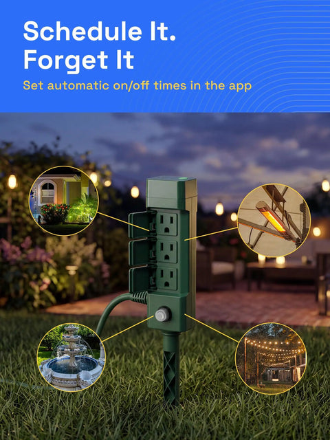 Top Notch Six Outlet Outdoor Smart Power Stake Timer Offering Slick Wifi Setup And No Fuss Voice Control Synced With Alexa And Google Home For Plug And Play Yard Automation And Garden Light Scheduling, showcasing six outlets and automatic scheduling.