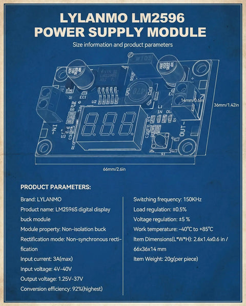 Adjustable DC Buck Converter Module With Digital Voltage Meter Display showing circuit board layout on blue diagram.