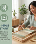 Woman using Weaving Comb Set for Newbies Three Piece Wood Knitting Loom Tool Kit With Large Eye Needle and Crochet Hook for Tapestry Wall Hangings.