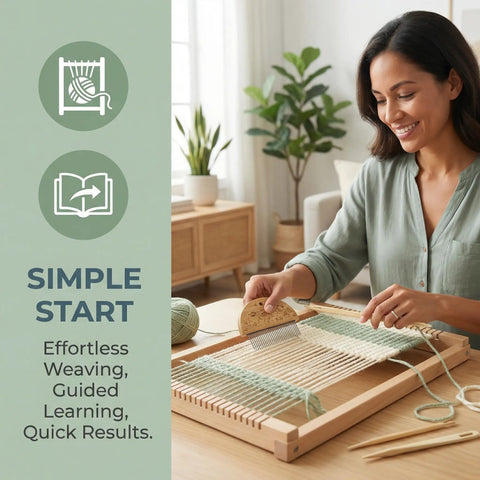Woman using Weaving Comb Set for Newbies Three Piece Wood Knitting Loom Tool Kit With Large Eye Needle and Crochet Hook for Tapestry Wall Hangings.