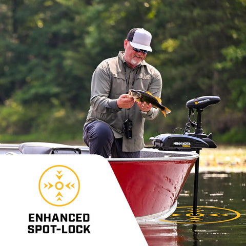 Next Gen Trolling Motor Featuring Dual Spectrum Chirp Sonar And A Rock Solid Spot Lock GPS For Tighter Spot Holds Smooth Wireless LCD Remote Rigged Up As A Bass Slayer Shore Thing For Pros, man catching bass from a boat.