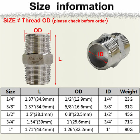 Size chart and specifications for Three Quarter Inch NPT Male Hex Nipple Fittings Set In 304 Stainless Steel Pipe Adapters