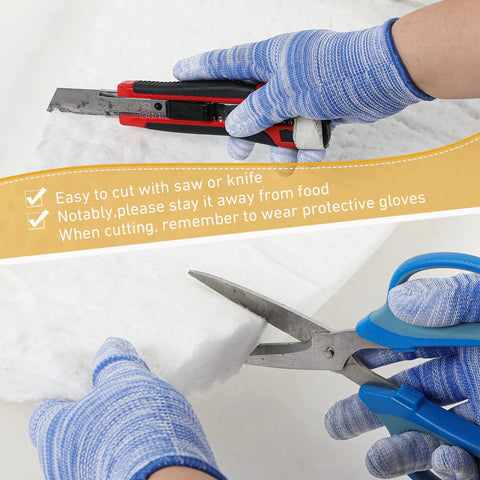Ceramic fiber insulation blankets, white, two pieces, 24 x 12 x 1 in, being cut with scissors.