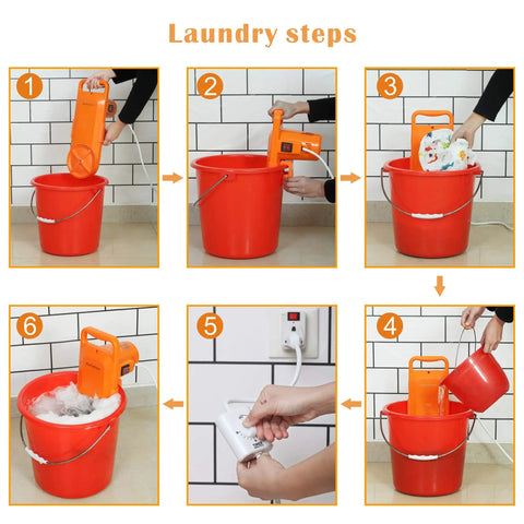Steps using Portable Mini Washing Machine for Home and Dorm, Compact Semi Automatic Washer with 6.5 Lbs Capacity in a red bucket.