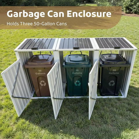 Durable Metal Trash Can Enclosure For Three 50 Gallon Bins Heavy Duty Outdoor Storage Shed With Weatherproof Construction