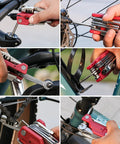 Collage of Bike Repair Multitool Kit 21 In 1 With Carry Case Portable Cycling Tool Set including Allen wrenches and spoke wrench in use