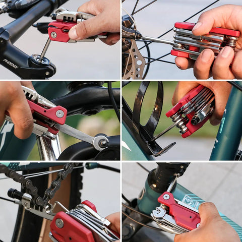 Collage of Bike Repair Multitool Kit 21 In 1 With Carry Case Portable Cycling Tool Set including Allen wrenches and spoke wrench in use