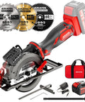20V Cordless Mini Circular Saw Featuring Beast Mode 4500 RPM Kick And Four And One Half Inch Capacity includes blades, charger, and carrying case.