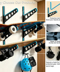Heavy Duty Metal Skateboard Rack Wall Mount With Curved Hooks For Longboards Snowboards And Skis showcasing multiple boards and protective gear storage.