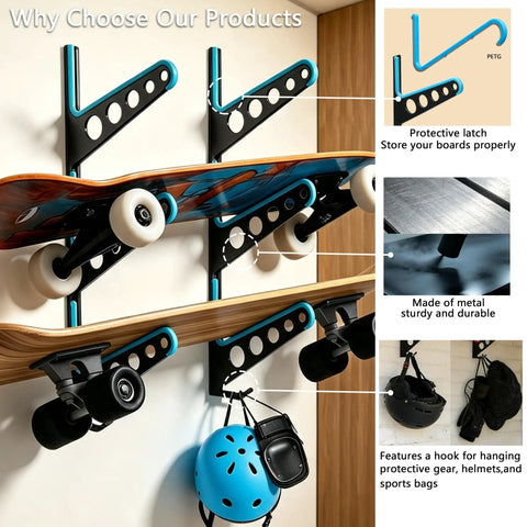 Heavy Duty Metal Skateboard Rack Wall Mount With Curved Hooks For Longboards Snowboards And Skis showcasing multiple boards and protective gear storage.