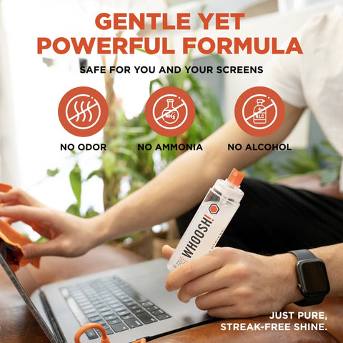 WHOOSH! Screen Shine Duo XL screen cleaner set with 3.4 oz and 1 oz bottles and two microfiber cloths for laptops
