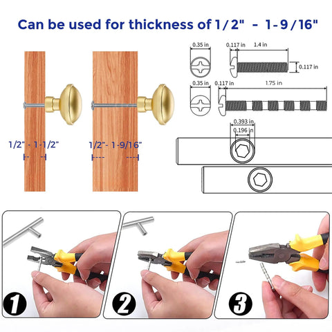 Rock Solid Zinc Alloy Cabinet Pulls Featuring A Slick Brushed Gold Finish 1 1/4 Inch Diameter shown with installation instructions and dimensions.