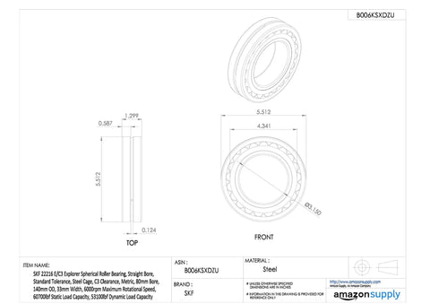 Tough 22216 E C3 Spherical Roller Bearing With 80 Mm Straight Bore And 140 Mm Od technical drawing showing dimensions and steel material.