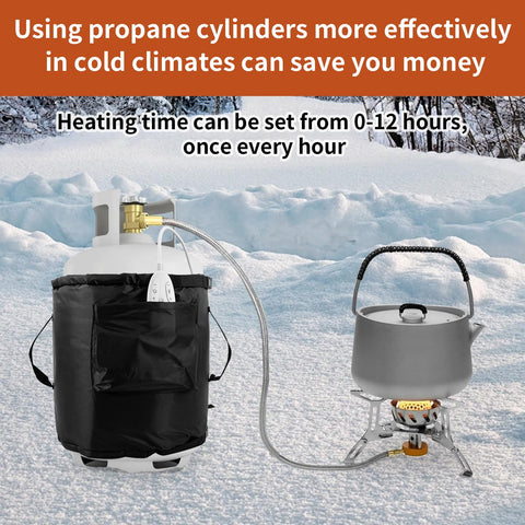 Propane Tank Warmer Blanket With Temperature Controller And Timer For Outdoor Use, Heats 86 To 141 Degrees Fahrenheit, Flexible Belt Fits 5 To 40 Lb Propane Tanks, Keeps Your Gas Flow Smooth For Camping Grilling And Worksites Black installed on propane tank in snowy landscape next to cooking pot on burner.