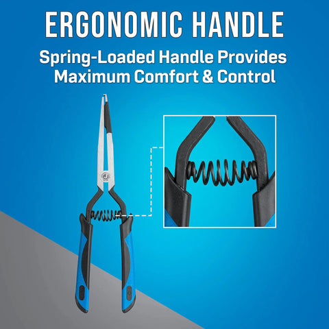 Fiber Optic Inserting And Extracting Tool with bent nose jaw, showing ergonomic handle and spring-loaded design for comfort.