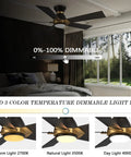 Lit Wifi Led Ceiling Fan With Remote And App Control, black and gold finish, dimmable LED light color options in modern room.