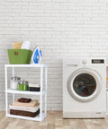 White Three Tier Storage Rack 24X12X33 Inches Light Duty Shelving System For Home Garage Or Laundry Room with laundry supplies.