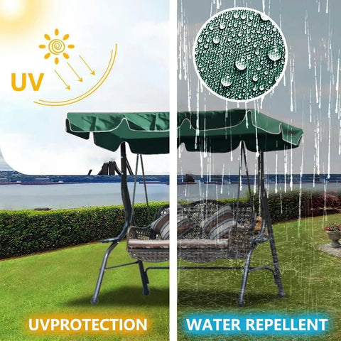 Porch Swing Canopy Replacement Waterproof UV Resistant 300D Heavy Duty Rip Proof Garden Hammock Top Cover For Outdoor Patio Yard Deck Furniture Size 74x45 Inches Color Green, showing UV and water resistance.