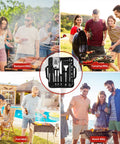Collage of BBQ scenes featuring the 15 Piece Grill Set With Carrying Case Stainless Steel BBQ Tools Kit for outdoor grilling