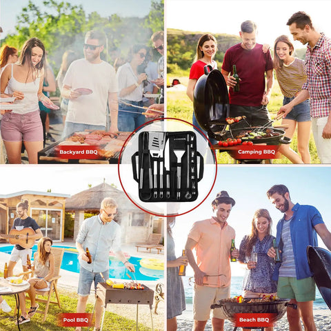 Collage of BBQ scenes featuring the 15 Piece Grill Set With Carrying Case Stainless Steel BBQ Tools Kit for outdoor grilling