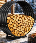 32 Inch Firewood Hoop Rack With Rustproof Cover, Heavy-Duty Wood Storage Stand Holds 500 Lbs in snowy patio setting
