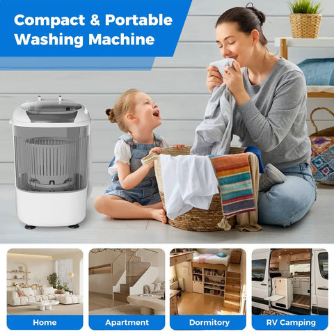 Compact Portable Washing Machine With Separate Spin Tub And Quick Drain Hose, 5.5 Lb Mini Laundry Washer For Apartments Dorms And RV Homes, Grey with a woman and child doing laundry.