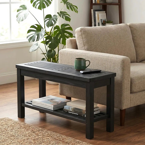 Rugged Rustic Storage Bench With Solid Wood Seat And Slatted Shelf Indoor Outdoor Shoe Rack 450 Lb Capacity Black 40 Inch