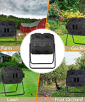 43 Gallon Dual Chamber Outdoor Compost Bin With Sliding Doors, Tumbling Rotating Composter shown in various outdoor settings