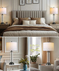 Touch Control Table Lamps Set Of 2 With USB Ports and 3 Way Dimmable Bedside Lighting for Living Room and Bedroom Modern Black Nightstand Lamps With 2 LED Bulbs in bedroom setup.