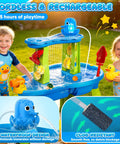Rechargeable Cordless Water Table Pump With Magnetic No Drill Design Delivers Continuous Flow Fits Water Tables From Popular Brands Battery Powered Kid Friendly Outdoor Water Play Accessory For Kids And Toddlers Blue installed on a water table with kids playing outdoors