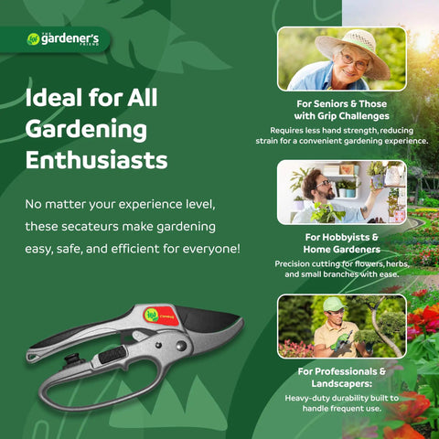 Promotional image for Ratcheting Pruning Shears For Garden Work With Assisted Action Beast Mode Cuts showcasing benefits for gardeners.