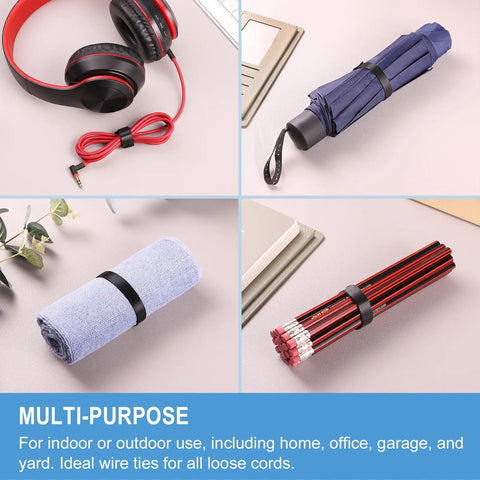 Four images showing Huge 100 Pack 8 Inch Reusable Cable Ties With Hook And Loop Straps for cable and item organization.