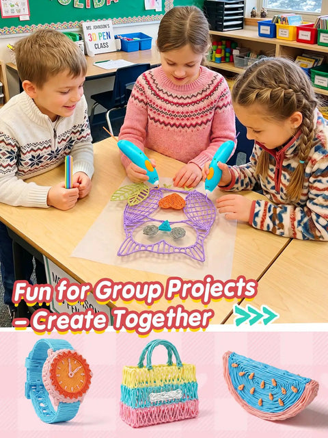 Children using Premium 3D Pen Filament Refills Hella Durable With Ten Vivid Shades for creative group projects in a classroom.