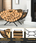 Beefy Heavy Duty Curved Firewood Rack 33 Inch Steel Log Holder for Indoor Fireplaces with stacked logs, black coated