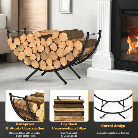 Beefy Heavy Duty Curved Firewood Rack 33 Inch Steel Log Holder for Indoor Fireplaces with stacked logs, black coated