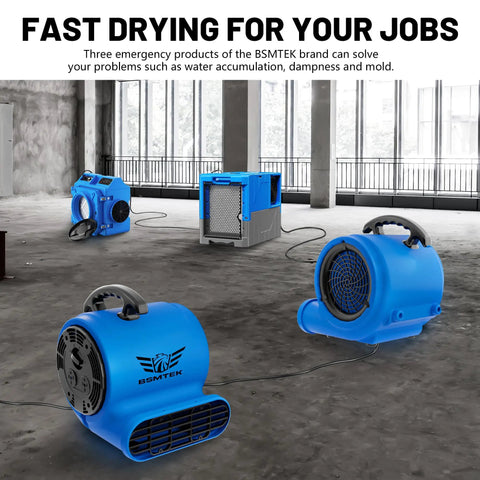 Three Beast Mode Air Mover Blower Fan One Half HP 2500 CFM on warehouse floor, emphasizing fast drying capabilities.