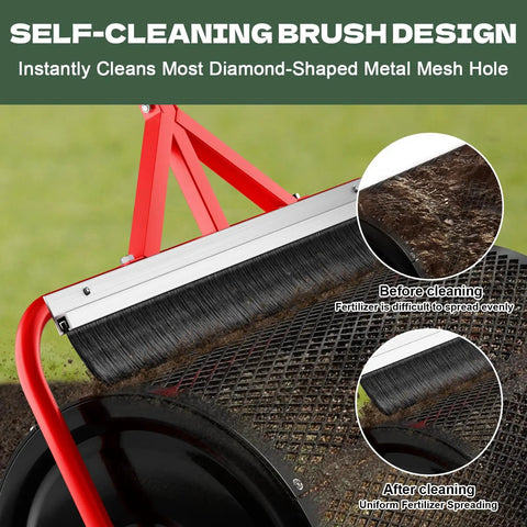 Compost Spreader For Peat Moss With Brush Mesh Cleaner, 24 Inch Lawn Roller highlighting self-cleaning mesh design on grass