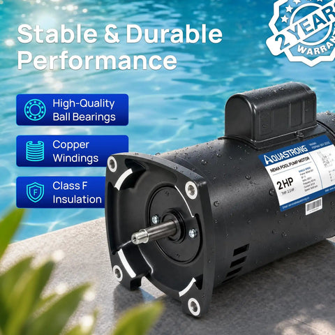 Heavy Duty 2 Hp 230V Pool Pump Motor With 56Y Frame And Square Flange For Smooth Single Run At 3450 Rpm showing motor and water background.