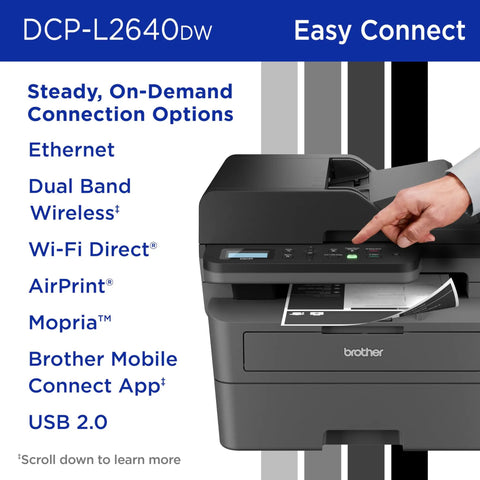 Close-up of Compact Monochrome 3 In 1 Laser Printer With Copy Scan And Auto Duplex Wireless And Mobile Printing Alexa Compatible showing connectivity options.