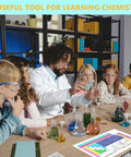 Teacher using Two Pack Laminated Periodic Table Poster Set For Classrooms And Home Study, 12 By 8.5 Inches, during chemistry lesson.