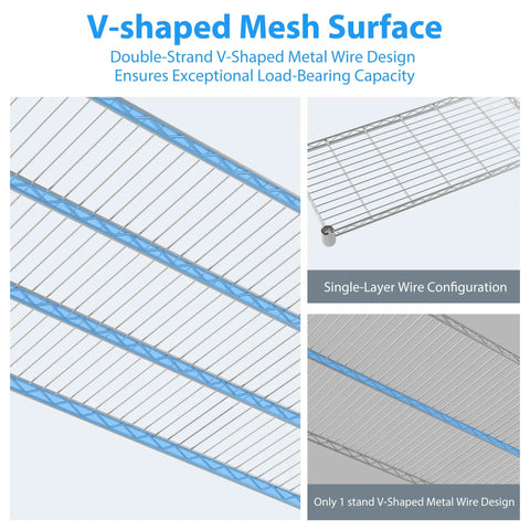V-shaped mesh surface of Heavy Duty Metal Shelving 4 Tier Storage Rack With Smooth Rolling Casters For Garage Or Kitchen Adjustable Chrome Wire Rack.