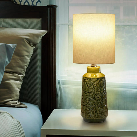 Green Ceramic Table Lamp With Leaf Pattern And White Linen Shade, 17 Inch Tall, Perfect Small Decorative Bedside And Living Room Lamp